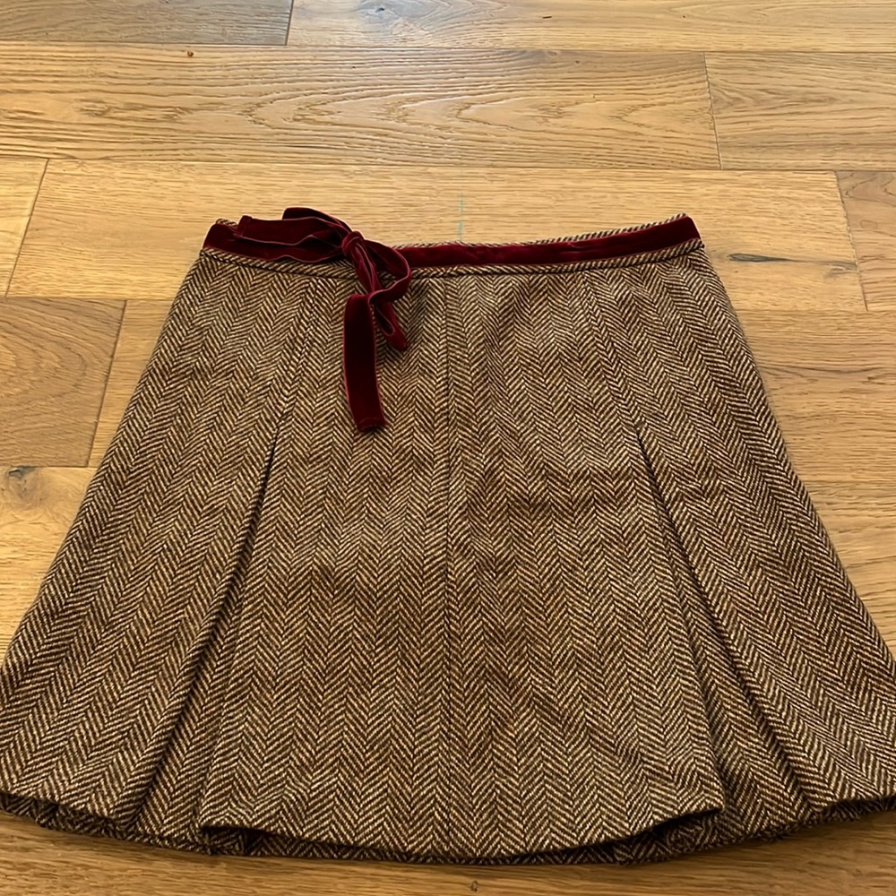 J.Crew Tweed Brown Pleated Velvet Bow Mini Skirt Sz 8